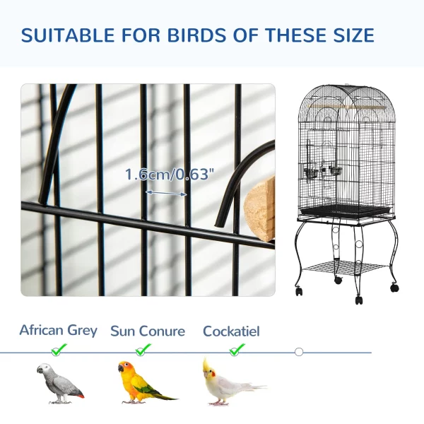 Side profile of the large bird aviary, highlighting the included perches and feeding bowls.