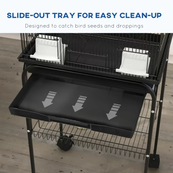 The complete bird cage setup on its stand, demonstrating its overall footprint and height.