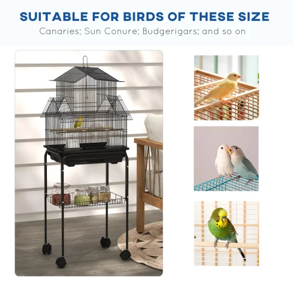 Interior view of the bird cage, displaying the included swing and plastic perches.