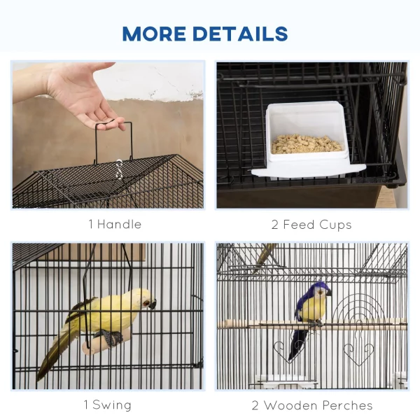 Bottom section of the bird cage, illustrating the slide-out tray and storage shelf.