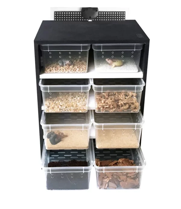 Reptile climbing box, front view showing secure lid and ventilation