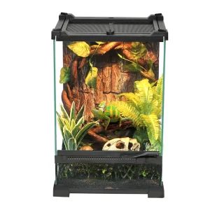 Tempered glass reptile terrarium, front view with open door