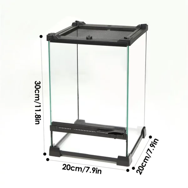 Tempered glass reptile terrarium, side view showing ventilation