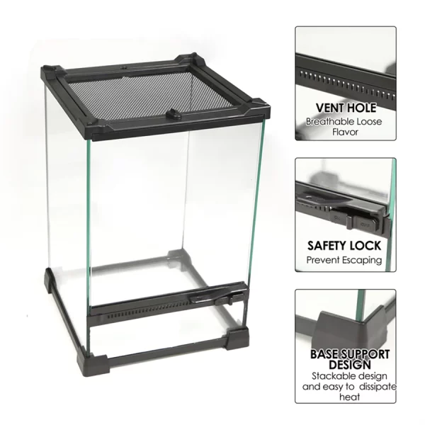 Tempered glass reptile terrarium, close-up of locking mechanism
