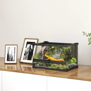 PawHut Glass Terrarium, Reptile Vivarium with Stone Background, Black, Dark Brown, UNITED KINGDOM