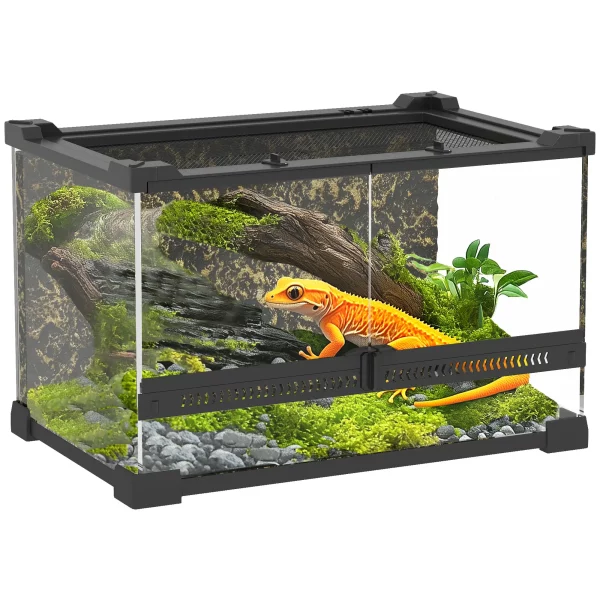Side view of a reptile vivarium showcasing its textured stone background