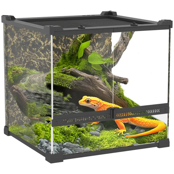 Close-up of the secure front door lock on a reptile vivarium