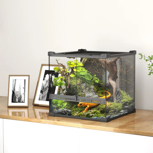 PawHut Glass Terrarium, Reptile Vivarium with Stone Background, Black, Dark Brown, UNITED KINGDOM