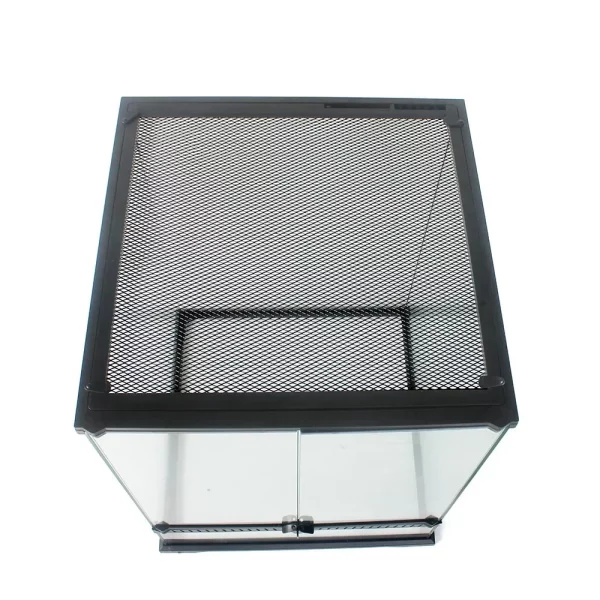 Reptile habitat terrarium, side view, showcasing clear acrylic panels, reptile home