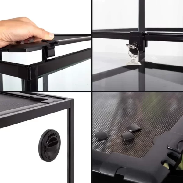 16x16x30 inch reptile terrarium, angled view highlighting glass construction and double hinge doors