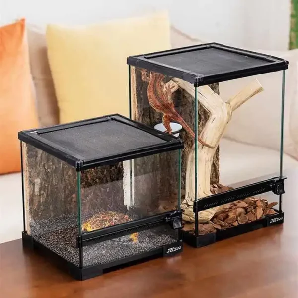 Close-up of the glass panels and frame of the terrarium