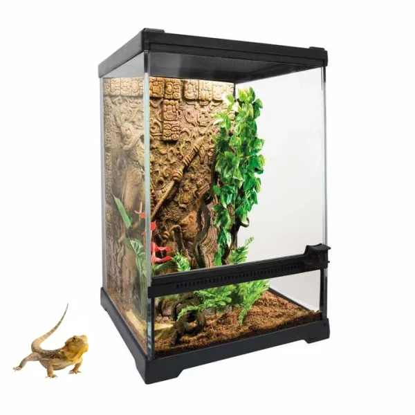 Side view of the terrarium showing the sliding screen door mechanism
