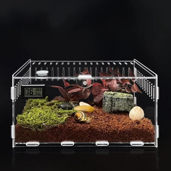 Reptile breeding case with secure top closures, front view