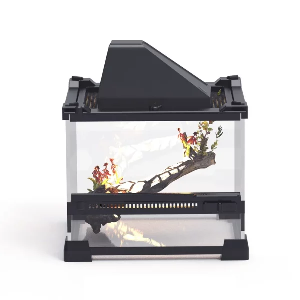 Close-up of the terrarium's front door latch mechanism, demonstrating ease of use.