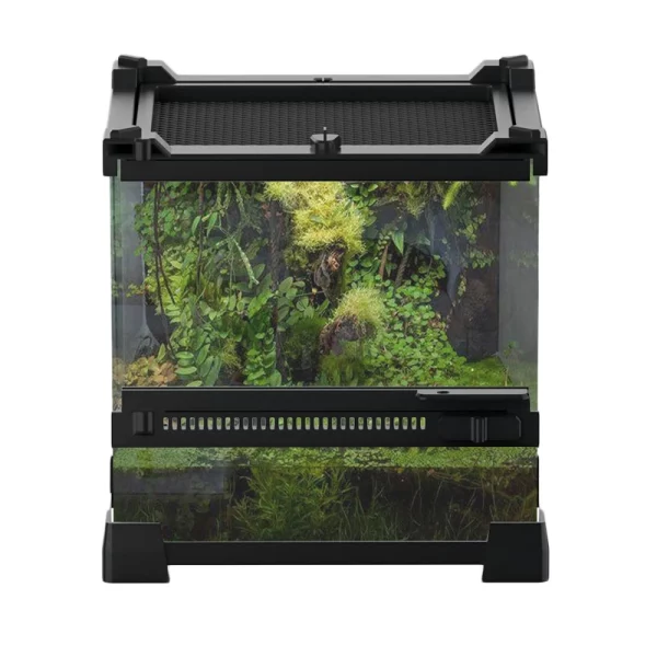 Front view of a customisable reptile terrarium with clear glass panels.