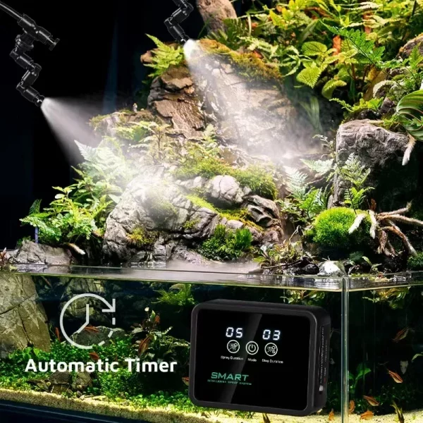 Terrarium setup showcasing the misting system in action