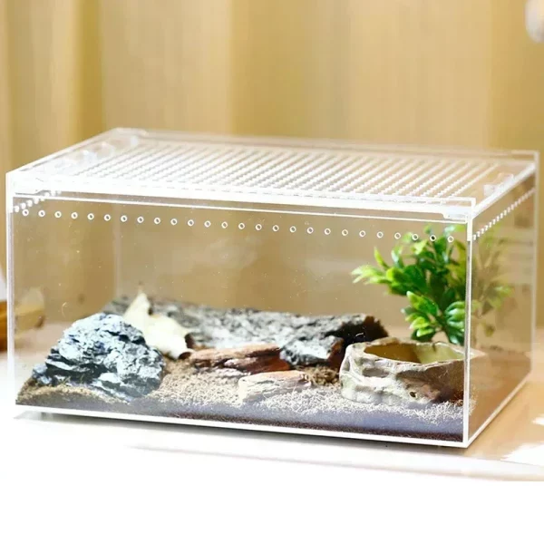 Various sizes of transparent reptile breeding boxes displayed