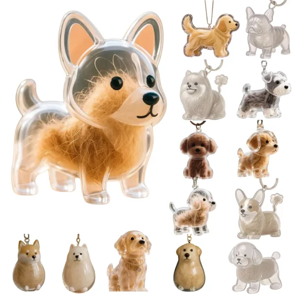Dog hair collector keychain, transparent capsule showing fur inside