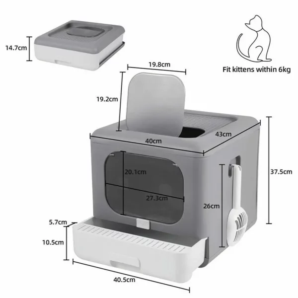 Cat litter box with scoop attached to the side.