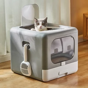 Enclosed cat litter box in grey and white, front view with dual entry.