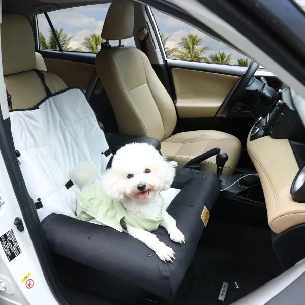 Dog booster seat with safety belt clip, side view