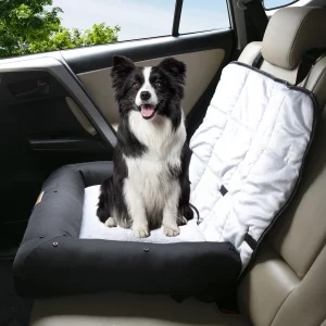 Portable dog car seat bed in a car seat, showing front view