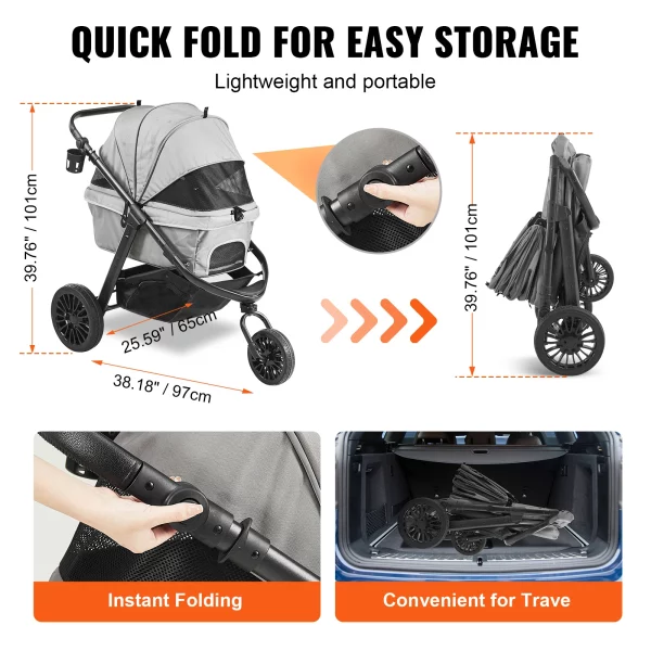 Folded pet stroller for compact storage.