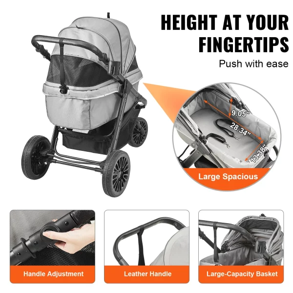 Adjustable handle of the pet stroller, demonstrating ergonomic design.