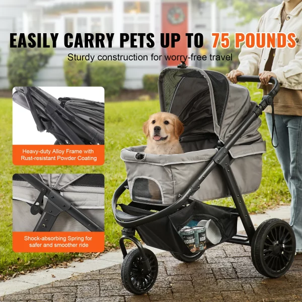 Close-up of the pet stroller's front wheel and brake system.
