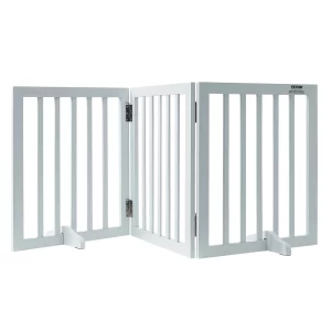 Freestanding dog gate set up in a white hallway, creating a pet barrier.