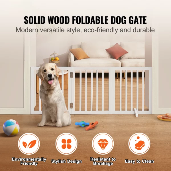 Close-up of the wooden frame and panel connection on a freestanding dog gate.