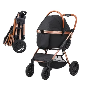 Front view of the black pet stroller, showing the main cabin and wheels.