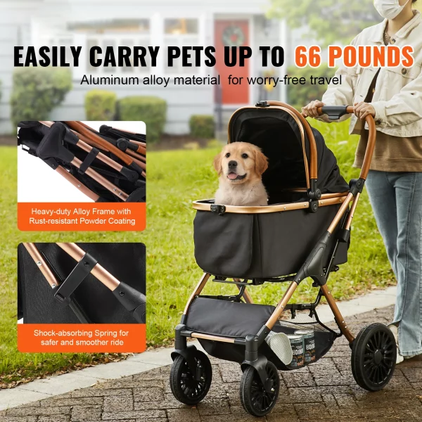 Side profile of the pet stroller, highlighting the large rear wheel and storage basket.