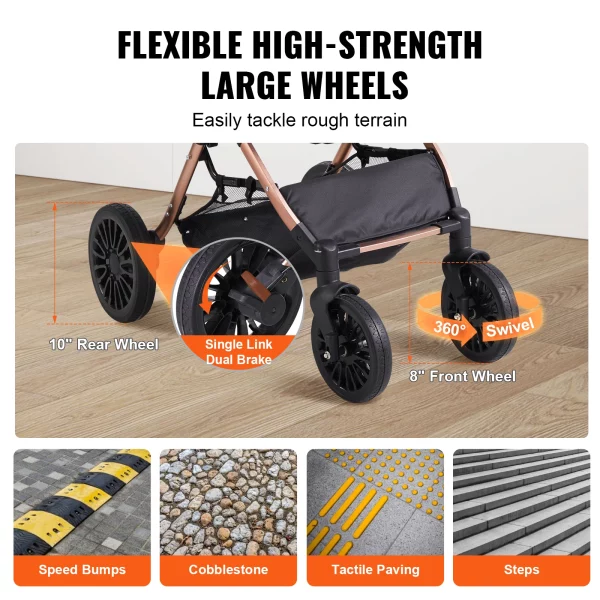 Close-up of the stroller's handle and brake mechanism.