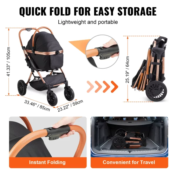 The pet stroller folded for compact storage.