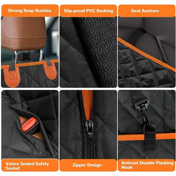 Dog car seat cover with integrated storage pockets for pet essentials.