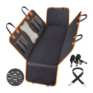 Dog car seat cover in black, showing the full back seat coverage.