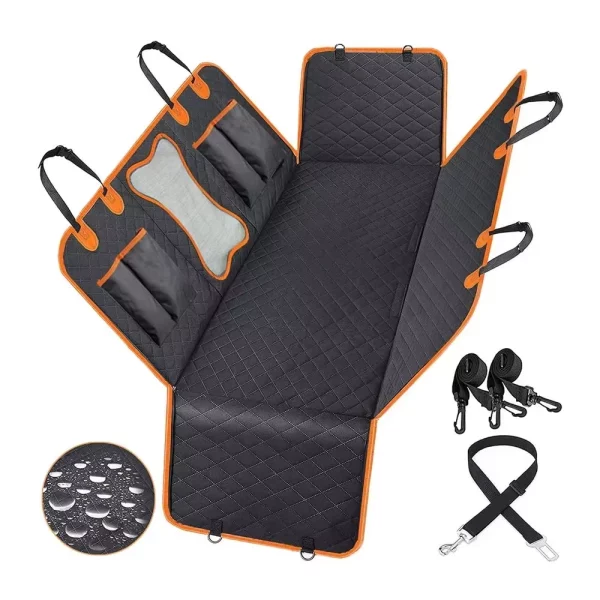 Dog car seat cover in black, showing the full back seat coverage.