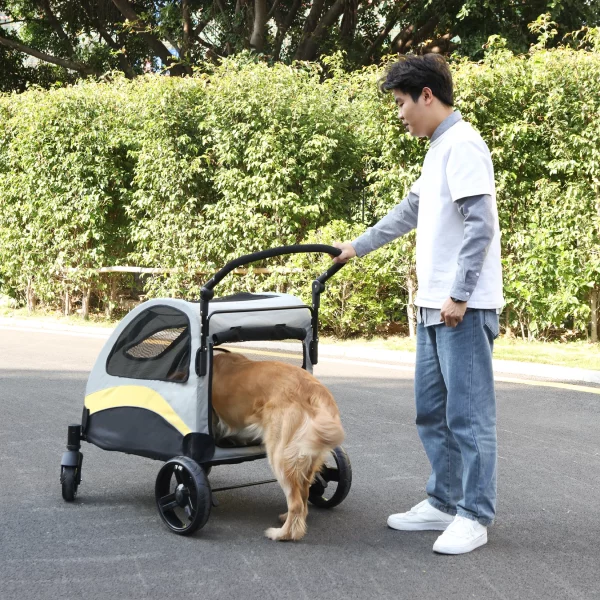 Dog stroller side profile, showing 4-wheel design and sturdy frame