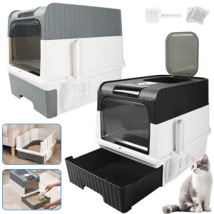 Large hooded cat litter box, front view with scoop
