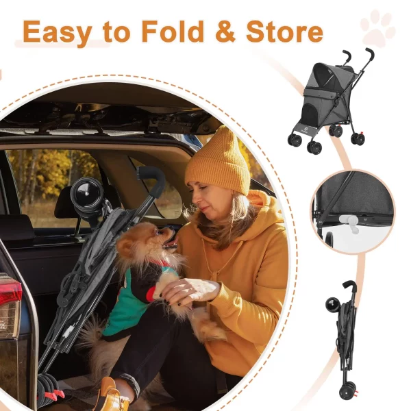 Close-up of the pet stroller's wheels and braking system