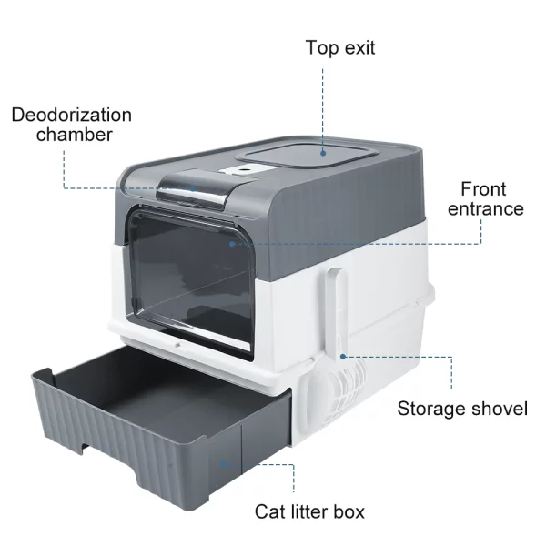 Close-up of the included plastic scoop and activated carbon packs for the litter box
