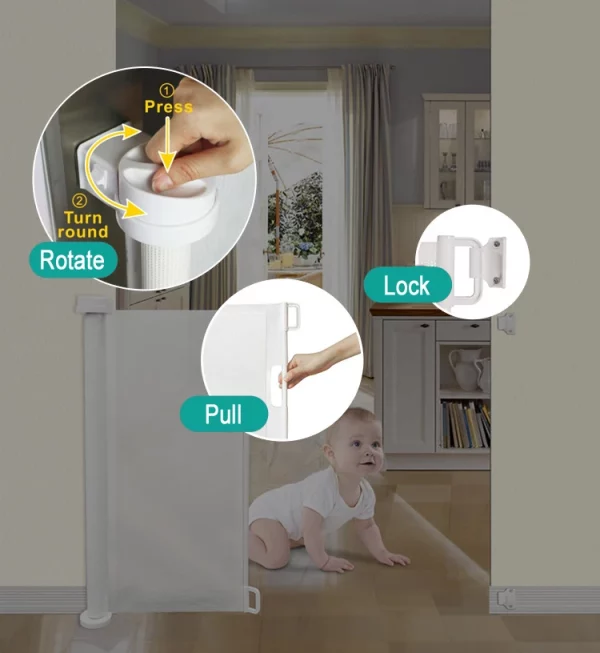 Retractable safety gate installed in a hallway with a child nearby