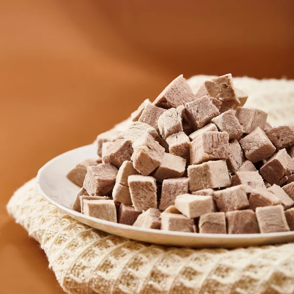 Close-up view of freeze-dried duck cubes showing texture and natural appearance
