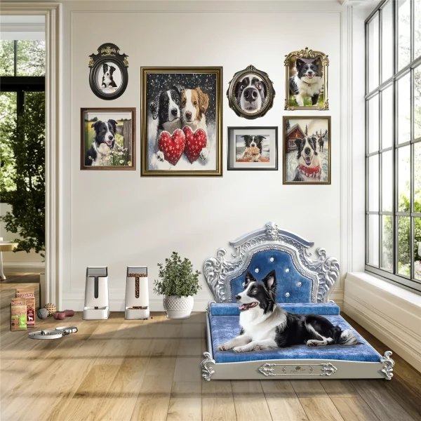 Luxury pet bed in blue Dutch velvet, showing overall design