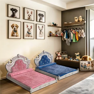 Luxury pet bed with headboard in pink Dutch velvet, side view