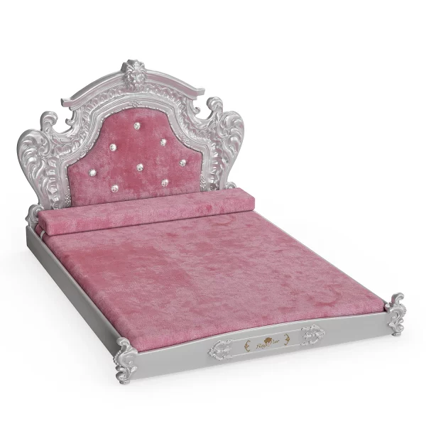 Pet bed assembly components laid out, including frame and velvet upholstery