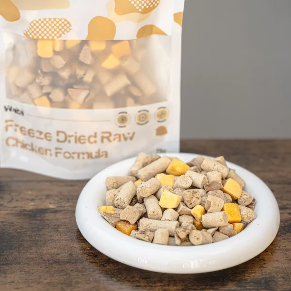 Bowl of freeze-dried chicken formula pet food