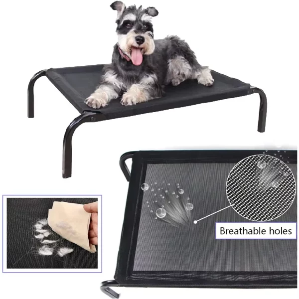 Black elevated dog bed with a dog sitting on it, front view showing the mesh.