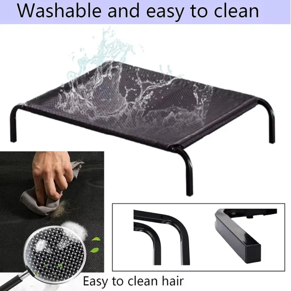 Waterproof test on elevated dog bed mesh, showing water beading off.